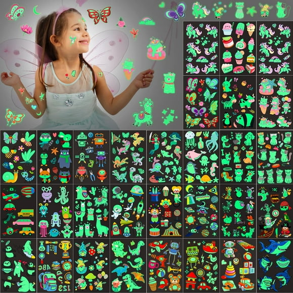 Sinmoe 30 hojas 400 piezas de tatuajes temporales con purpurina para niños pegatinas impermeables de mariposa, sirena, unicornio, dibujos animados, tatuaje brillante para niñas, regalos de fiesta de c