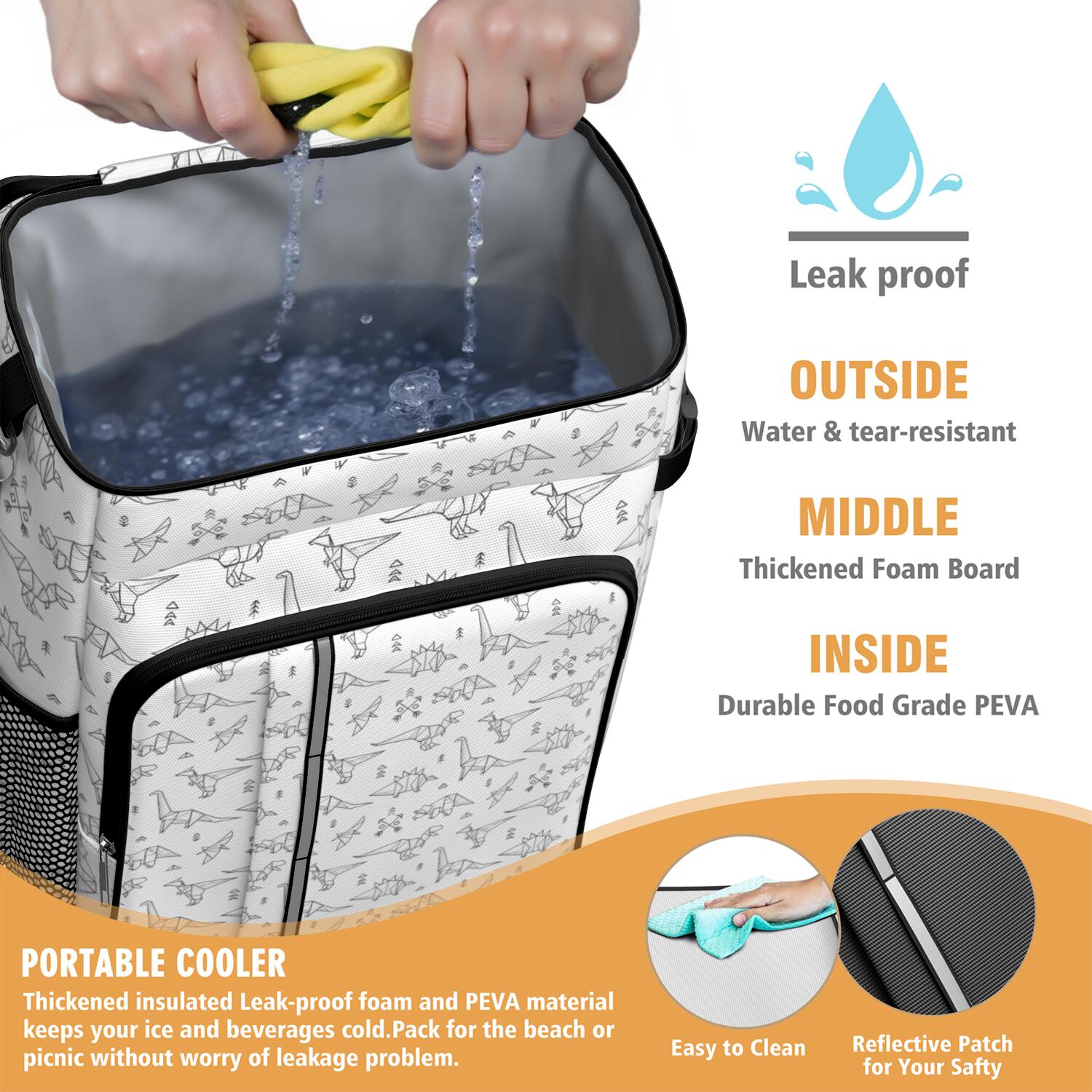 Travel Cooler Bag - BlackWhite Origami Dinosaurs Tribal Pattern Camping Beer Cooler Backpack with Bottle Opener- Waterproof Insulated Picnic Backpacks - Cooler Bag for Beach