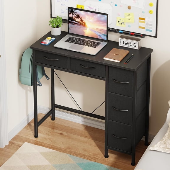 33" Small Computer Desk with 5 Fabric Drawers, Black, 14.2" D