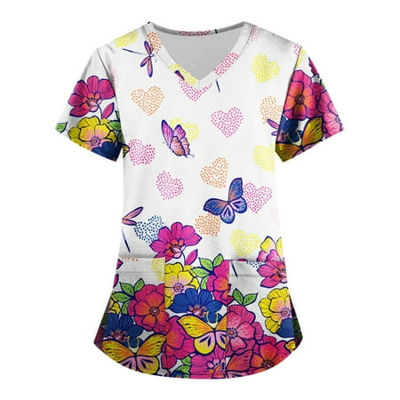 

Sksloeg Womens Scrub Tops Fashion Flower Butterfly Printed Tops Nursing Working Uniform Short Sleeve T-Shirts with Pockets Hot Pink M