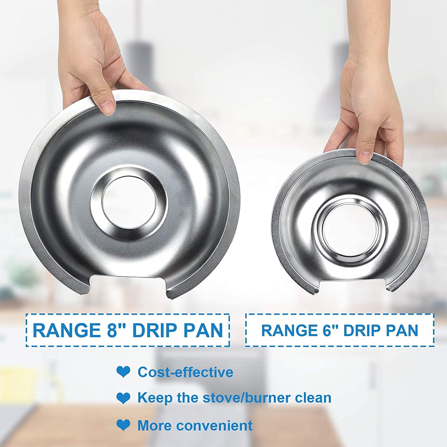 WB32X10013 WB32X10012 Chrome Stove Burner Drip Pan Set 4-Pack Fits for GE Hotpoint Electric Range by  Replacement Parts (3) 6" Pan/Ring & (1) 8" Pan/Ring