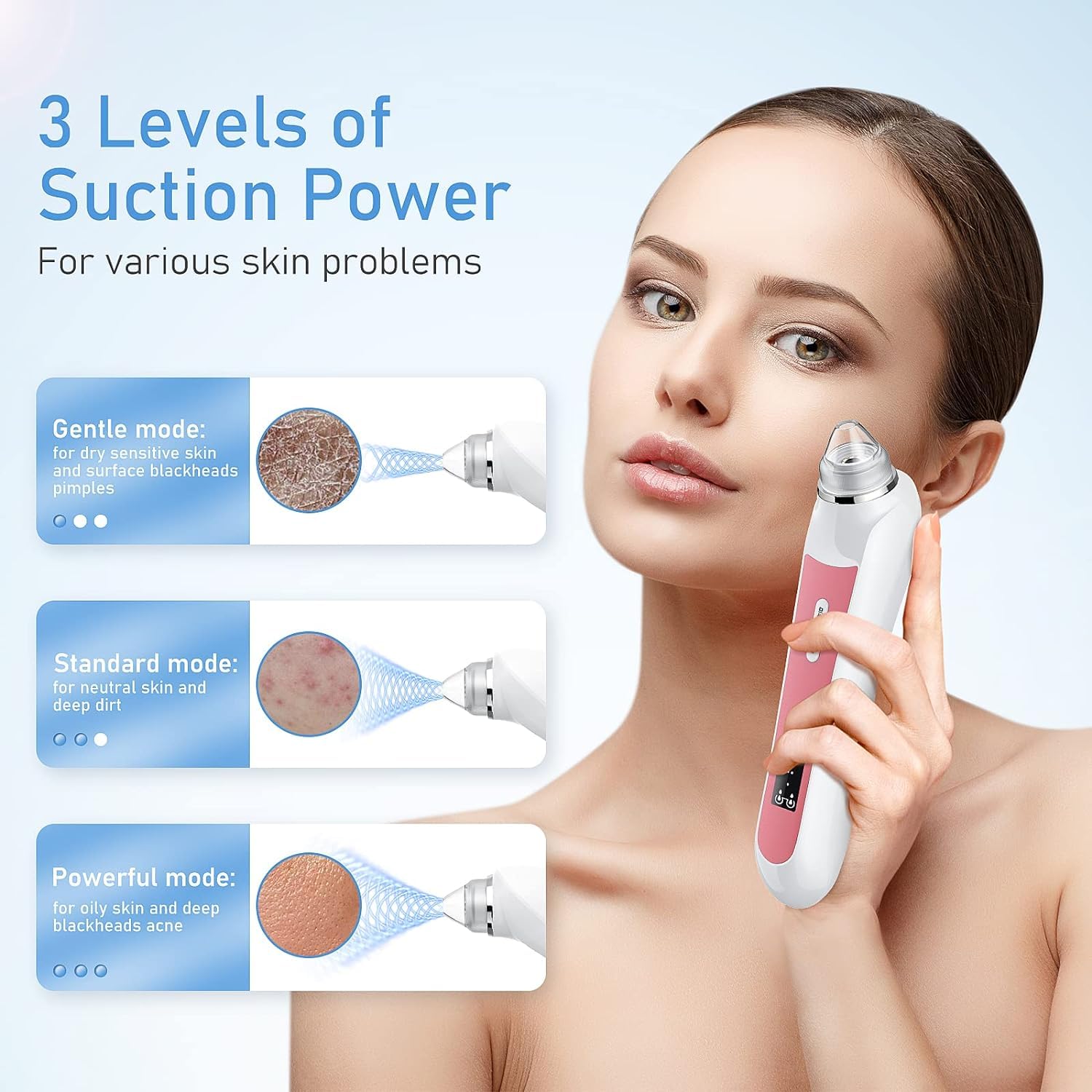 Blackhead Remover Vacuum, USB Interface Type Pore Vacuum, Black Head Extractions Tool with Camerafor, Men and Women Pore Cleaner, 3 Adjustment Modes & 6 Suction Heads(Light Pink)