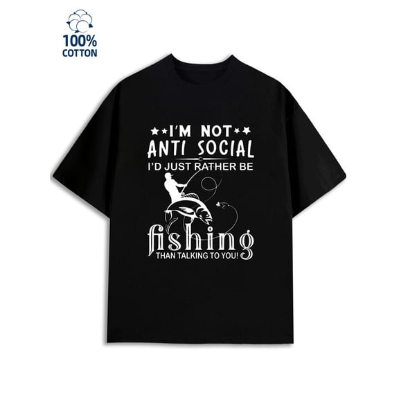 Fishing Anti-Social Tee for men 180G 100% Cotton black Vintage Unisex Shirt Printed tshirts Classic Unisex Shirt Printed tshirts Casual Unisex Shirt Short Sleeve tshirts