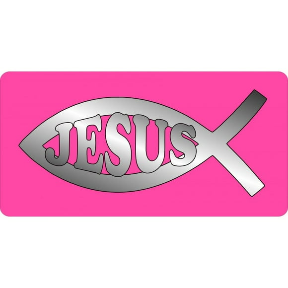 Jesus Fish Chrome On Pink Photo License Plate