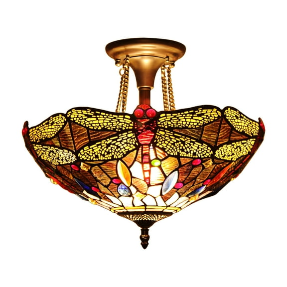 RADIANCE Goods Tiffany-Style 2 Light Dragonfly Semi-Flush Ceiling Fixture 16" Shade