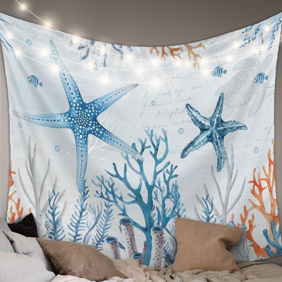 Blue Starfish Coastal Tapestry for Bedroom Wall Hanging Tapestry,Summer Beach Sea Ocean Coral Jellyfish Ceiling Backdrop Tapestries Poster Blanket Wall Decor for Teens Room Living Room Dorm 55" x 73"