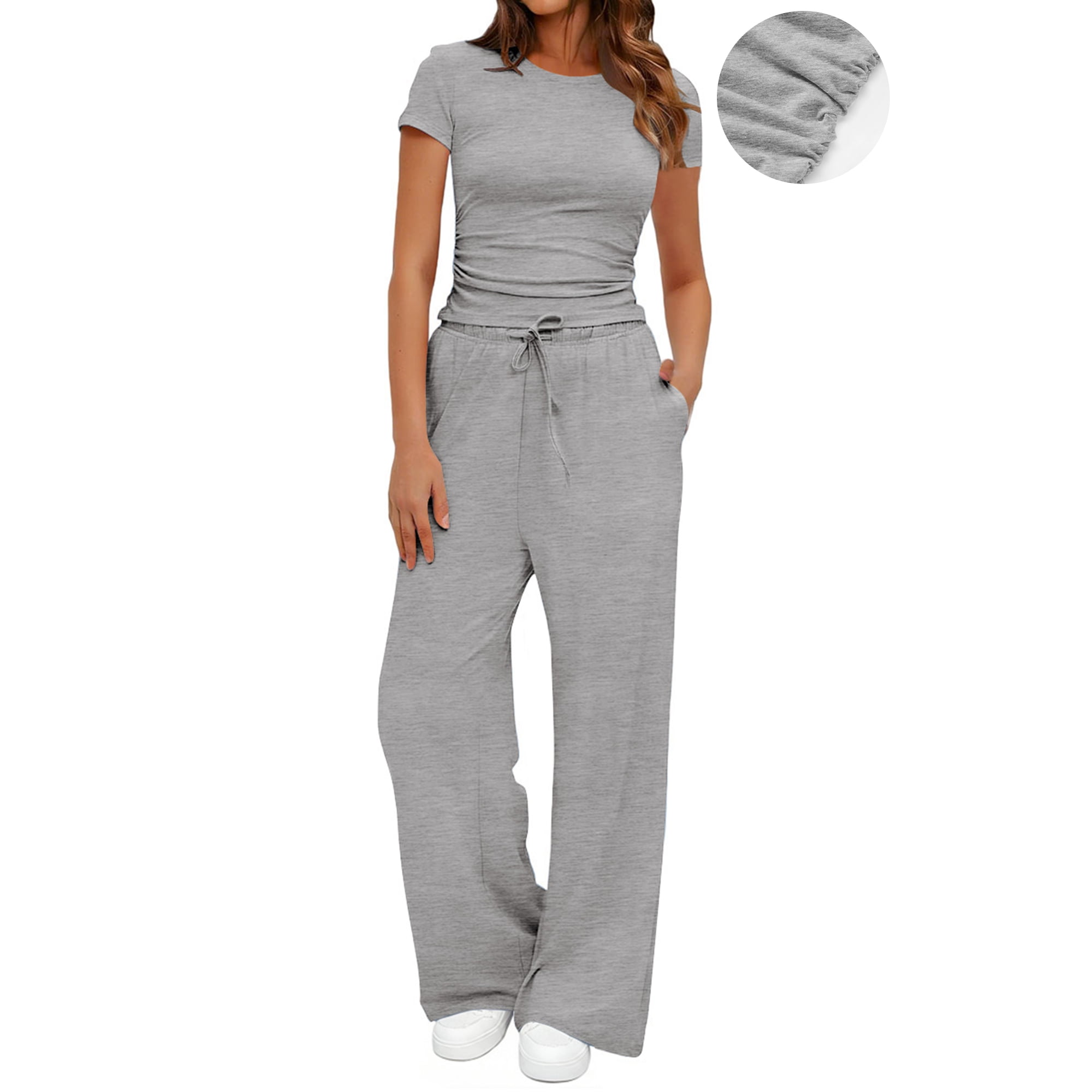 UVN Summer 2 Piece Outfit Set for Women Ruched Short Sleeve Tops and Wide Leg Pants Casual Tracksuit Ladies Loungewear