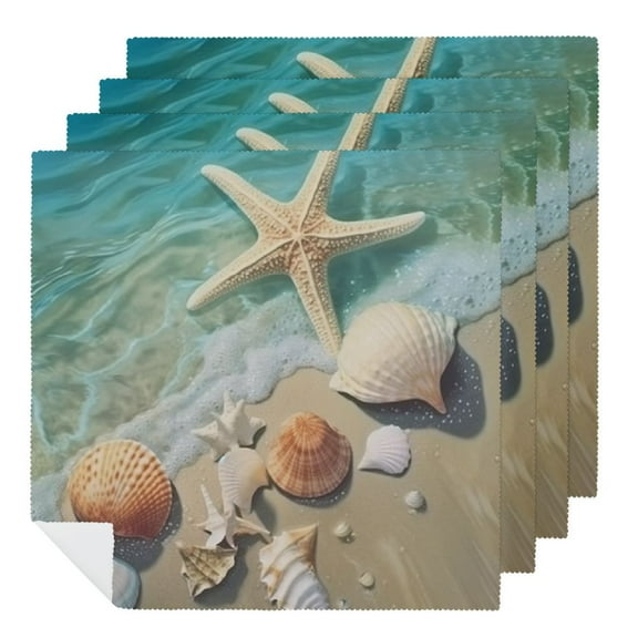 Heduofu Starfish Seashell Summer Beach Cloth Napkins, Dinner Napkins Washable Reusable Polyester Table Napkins for Parties, Weddings and Dinners 2 PCS