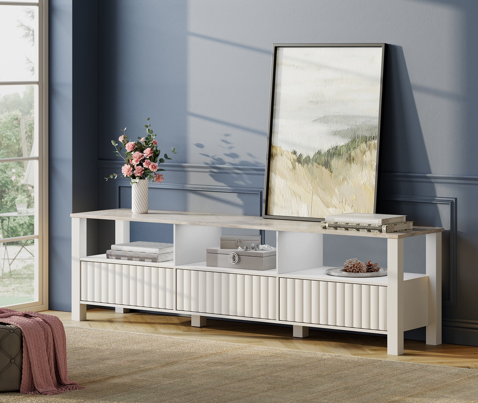 LED TV Stand for 75 Inch TV Media Console Wood Entertainment Center Television Table with 6 Storage for Living Room, 70 inch White