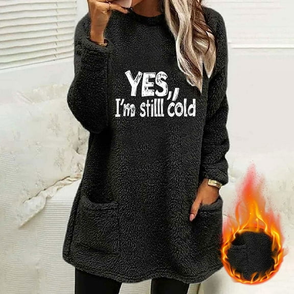 Womens Tops Long Sleeve Pocket Thickened Warm Letter Printing Round Neck Winter Loose Solid Padded Light Jacket Black M,Blouse for Women