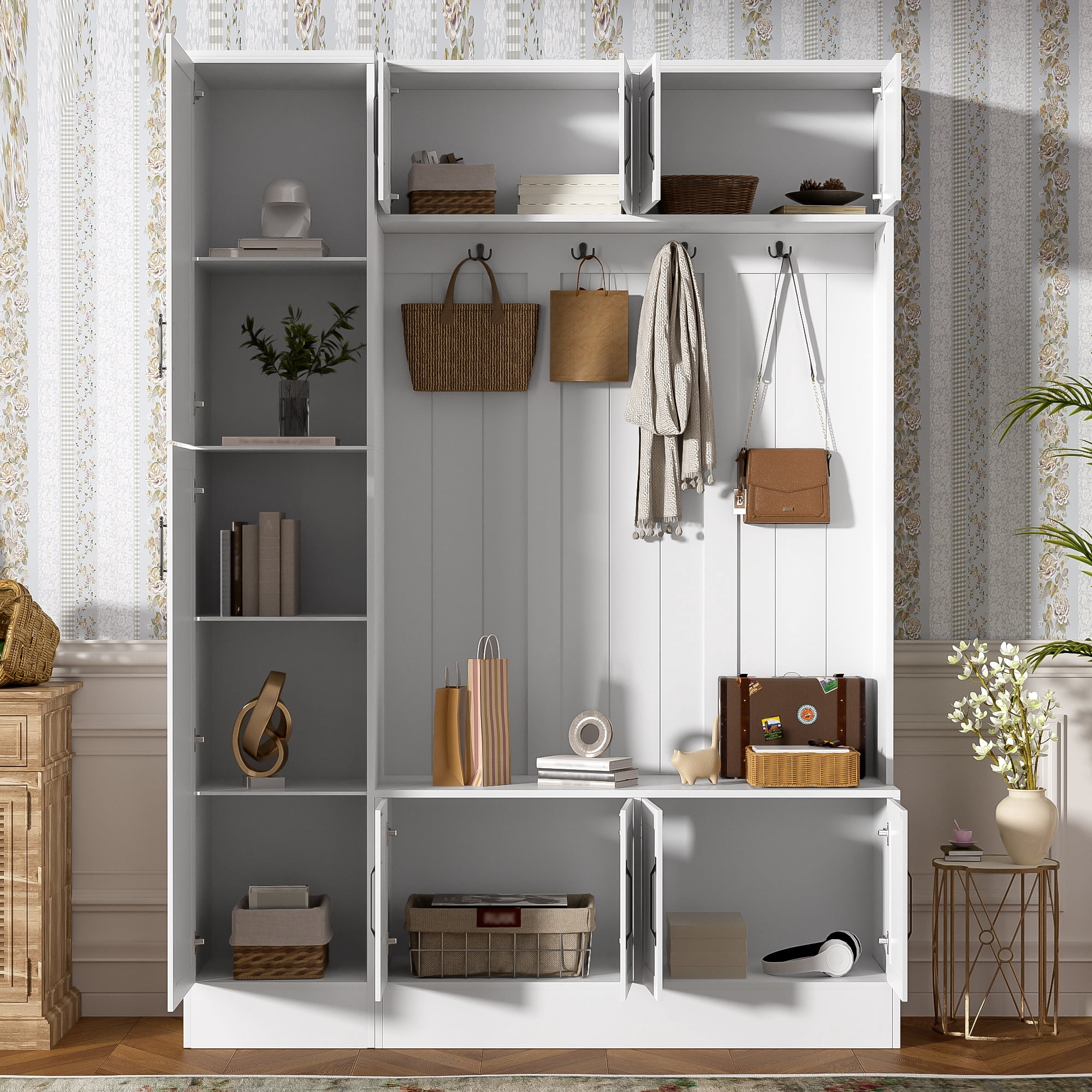 Euroco 79'' Tall Modern Hall Tree with Shoe Storage, 4-in-1 Entryway Bench with 6 Cabinets, 4 Coat Hooks & Adjustable Shelf for Hallway, living room, White