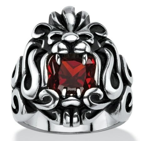 Tribal Pewter Rings - Men's 2.65 TCW Square-Cut Garnet Red Cubic Zirconia Tribal Lion Ring in Antiqued Stainless Steel