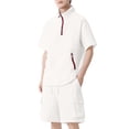 thumbnail image 2 of Men Bubble Textured 2 Piece Outfit Set, Quarter Zip Stand Collar Short Sleeve Jacket and Drawstring Elastic Waist Cargo Pocket Shorts Summer Tracksuit Size 4XL White, 2 of 5