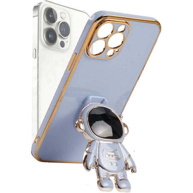 1 paquete de funda con soporte oculto de astronauta para iPhone 13 Pro Max, funda protectora con diseño de astronauta chapado en 6D (gris azulado)