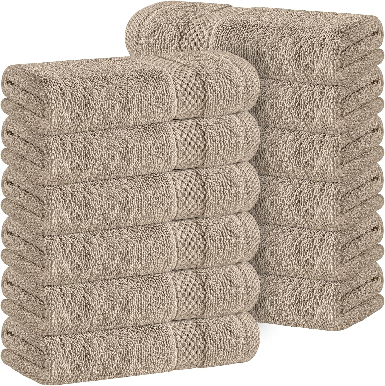 Luxury Cotton Washcloths 13x13 Inch 650 GSM Soft Absorbent Face Towels 12 Pack for Hotel Spa Bathroom Use Taupe