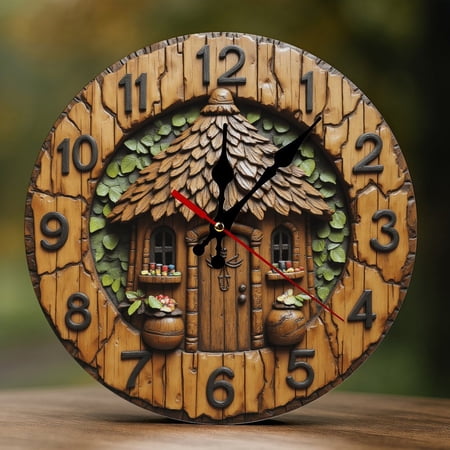 Wall Clock Decorative - Rustic Cottage House Print 2D Vintage Wall Clocks Battery Operated Silent Non-Ticking for Bedroom, Living Room, Kitchen, Office, Classroom, 10 Inch