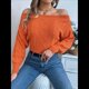 thumbnail image 5 of Suéter de Mujer con Hombros Descubiertos, Jersey de Punto con Cable Liso, Top Informal de Larga, Suéteres Cortos Color Naranja S, 5 of 10