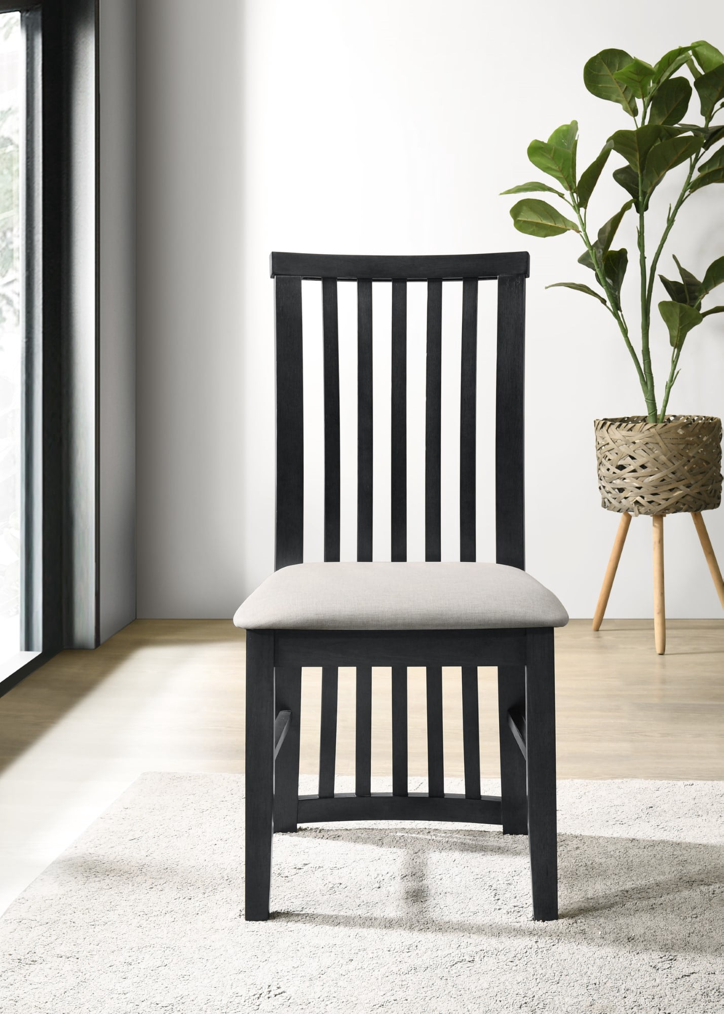 Home Design Osaka Dining Chair Set of 6, Warm Gray/Black, Slatted Back, Padded Seat, Solid Wood Frame, Modern Style