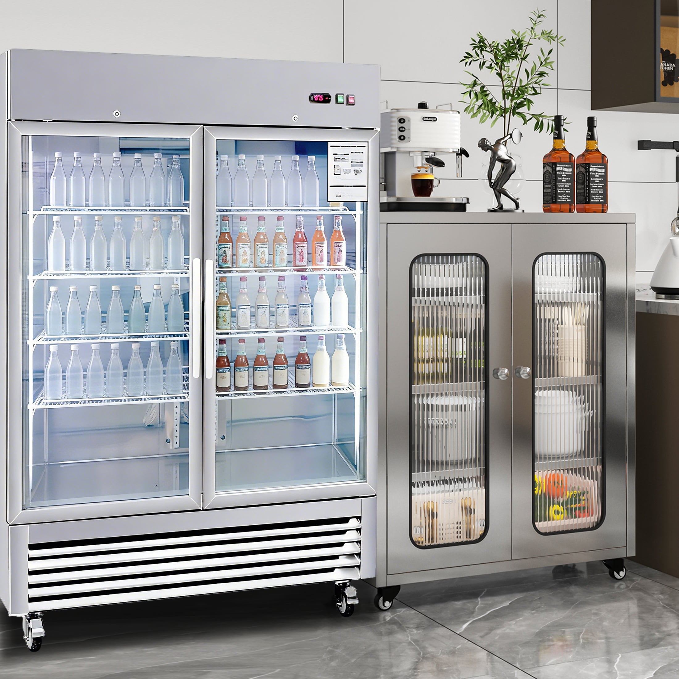 CTOSPOATO 54"W Commercial Refrigerator 2 Glass Door Stainless Steel Interior and Exterior Construction,42.2 Cu.ft.for Restaurant,Bar,Shop