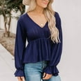thumbnail image 2 of Long Sleeve Top V Neck Flared Sleeves Ruffle Hem Loose Fit Breathable Women Blouse for Fall Winter Navy Blue L, 2 of 6