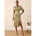 thumbnail image 4 of Elegant Yellow Silk Satin Floral Jacquard Round Neck Midi Dress With Split Hem, 4 of 6