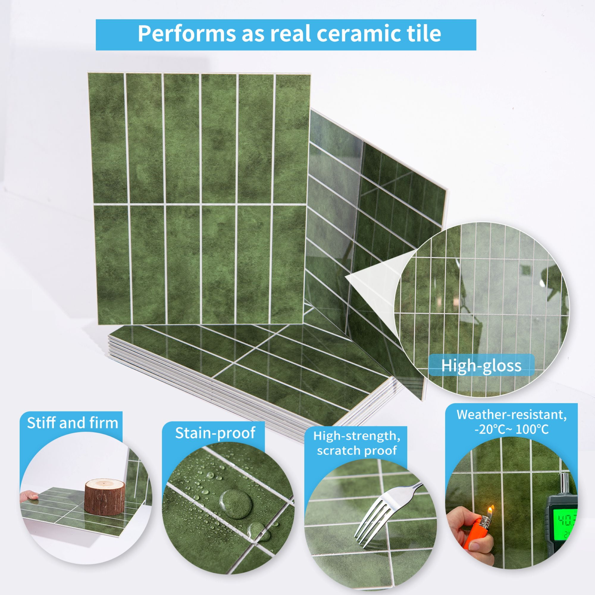 11.4''x9.1'' Green Peel and Stick Backsplash,SPC Wall Tile for Kitchen,Wall,Heat Resistant,Marble Design,7.2sq.ft.(Set of 10)