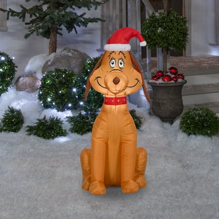 Grinch Gemmy Airblown Inflatable Max The Dog Wearing Santa Hat, 3.5 Ft Tall, ft Tall