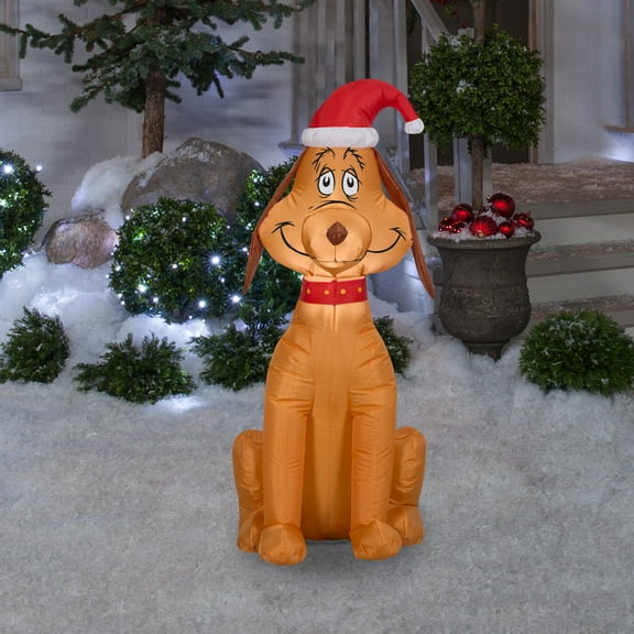 Grinch Gemmy Airblown Inflatable Max The Dog Wearing Santa Hat, 3.5 Ft Tall, ft Tall