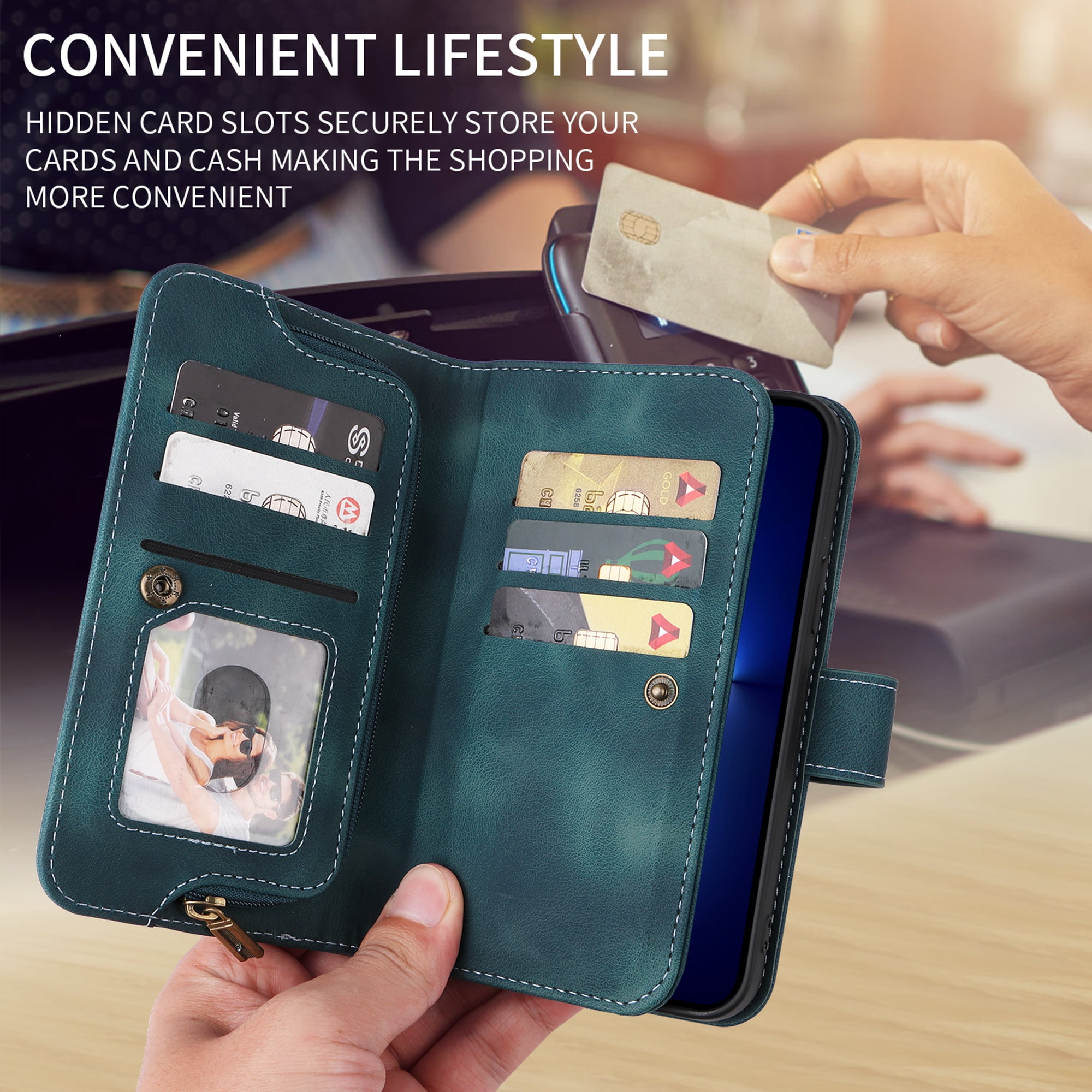Dteck for Apple iPhone 14 Pro 6.1 inch Wallet Case for Women Men, Sturdy PU Leather Case Magnetic Flip Zipper 7 Cards Holder Wristlet & Shoulder Strap Kickstand Phone Case, Blue