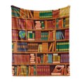 thumbnail image 1 of Library Soft Flannel Fleece Blanket, Education Themed Pattern of Bookshelves with Academic Books Globe and Big Seashell, Cozy Plush for Indoor and Outdoor Use, 60" x 80", Multicolor, by Ambesonne, 1 of 6