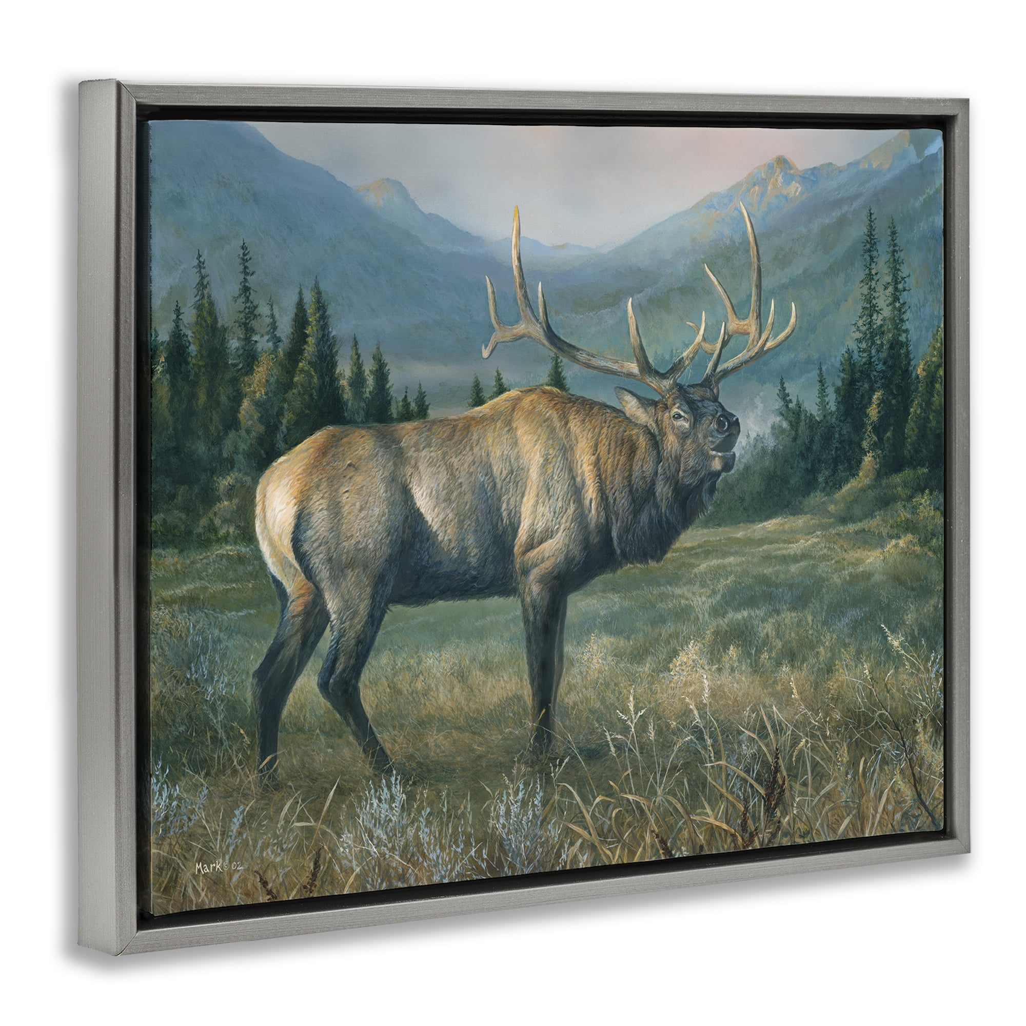 Stupell Industries Powerful Elk in Field Animals Painting Gray Floater Framed Canvas Art Print Wall Art, 21 x 17