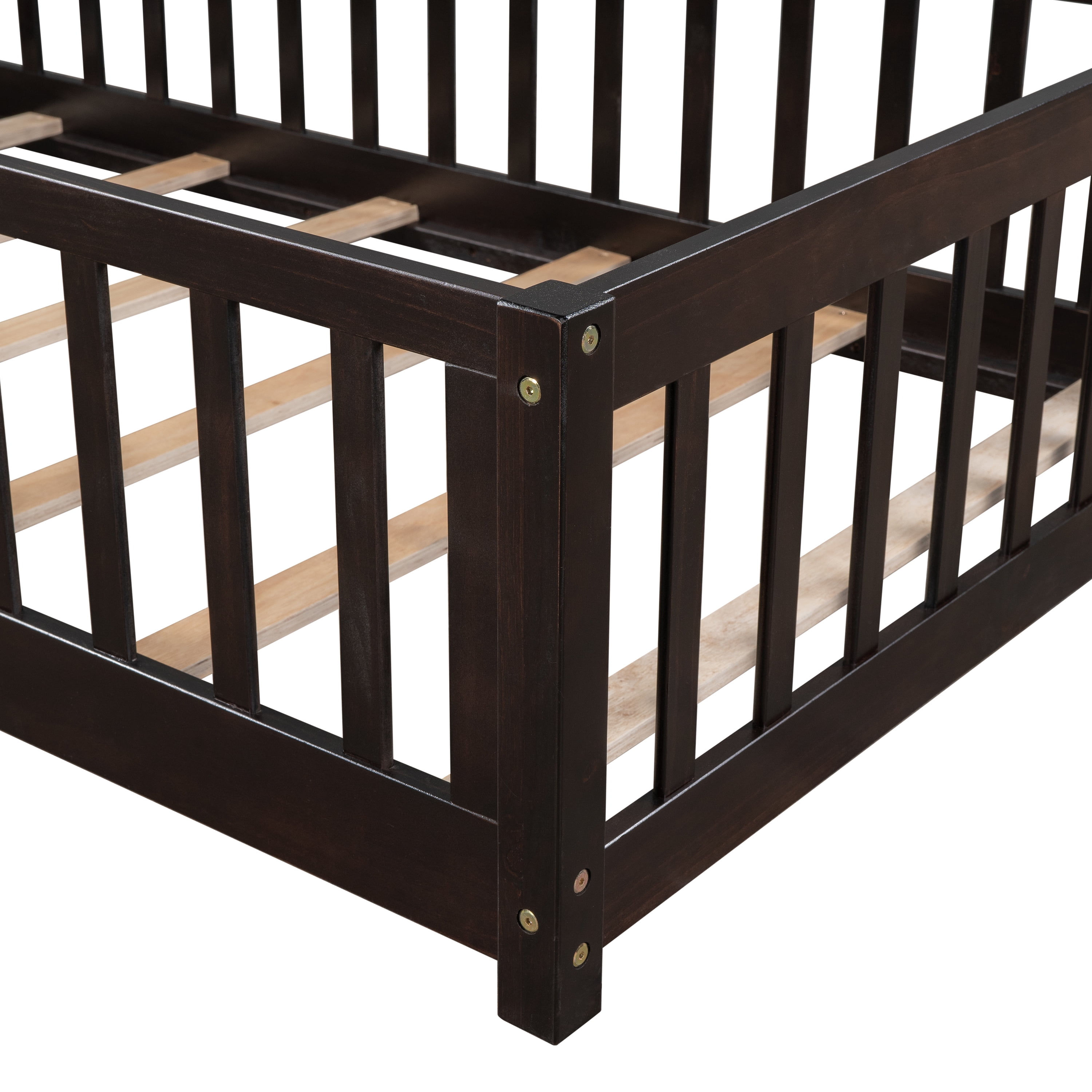 Miniyam Twin Size Toddler Floor Bed with Fence, Espresso