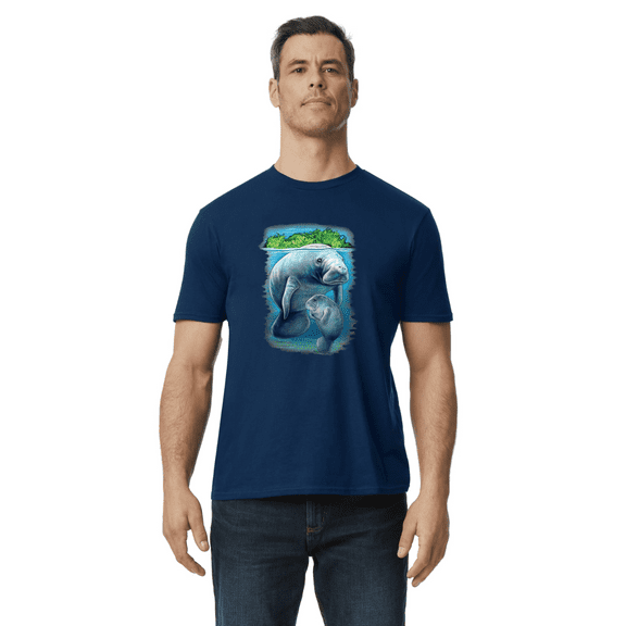 Decked Out Duds Graphic Tees Florida Manatee T-shirt Mens Cotton Tee Short Sleeve Blue