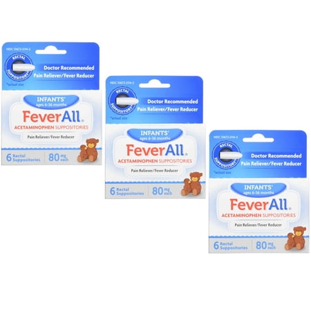 3 Pack - FeverAll Infants 6 Rectal Acetaminophen Suppositories 80mg Each