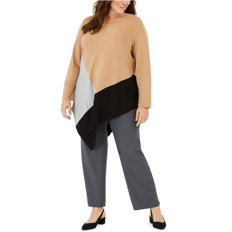 Alfani Plus Women s Crewneck Colorblocked Asymmetrical Top Caramel Syrup 1X