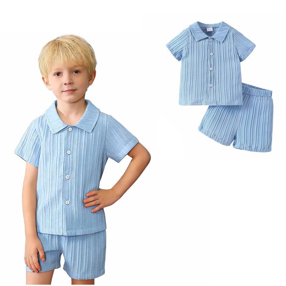 Boy's Summer Beach Outfits Textured Button Down Shirt and Short Sets Blue Toddler Clothes Vacation Outfits 4T