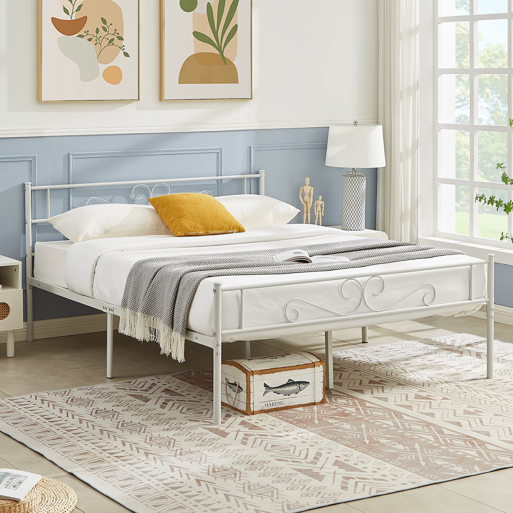 VECELO Full Size Bed Frame with Headboard, Metal Platform Bed Frame/Mattress Foundation, No Box Spring Needed, Easy Assembly, White