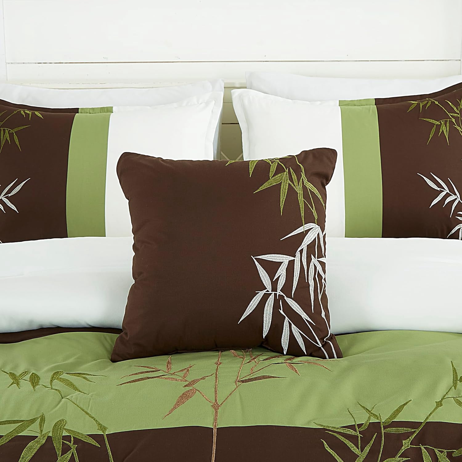 Chezmoi Collection Bengal 7-Piece Bamboo Embroidered Comforter Set California King Size, Sage Green Brown Ivory Bamboo Grass Microfiber Comforter Bedding
