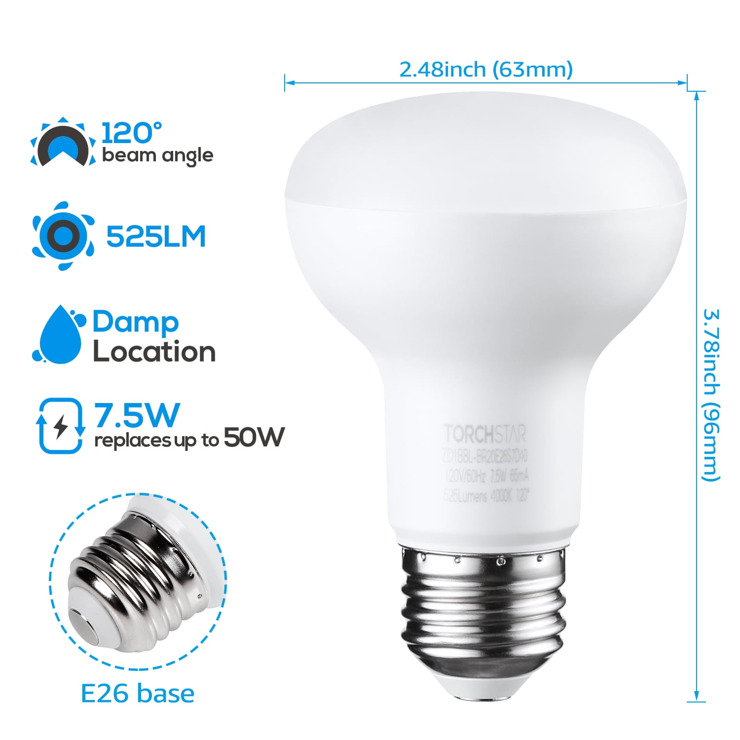 4 Pack BR20 LED Bulbs, Indoor Flood Light R20, Dimmable, 7.5W (50W Eqv), E26 Medium Base, 4000K Cool White