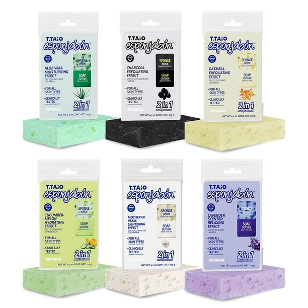 Esponjas de jabón T.Taio Esponjabon, paquete variado - Esponja de ducha y baño - Masaje facial - Accesorios de baño - Nácar, aloe vera, lavanda, carbón, pepino, melón, avena (paquete de 6)