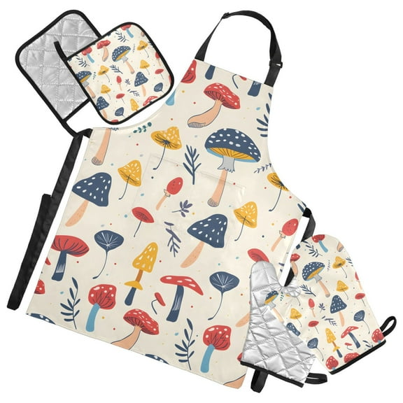 5 Pcs Kitchen Set Heat Resistant Oven Mitts and Non-Slip Pot Holders with Adjustable Cooking Apron Hand Drawn Mushrooms