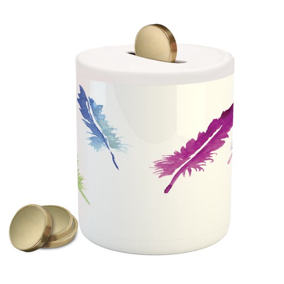 Colorful Piggy Bank, Watercolor Style Abstract Colorful Bird Feathers Nature Wildlife Theme, Ceramic Coin Bank Money Box for Cash Saving, 3.6" X 3.2", Multicolor, by Ambesonne