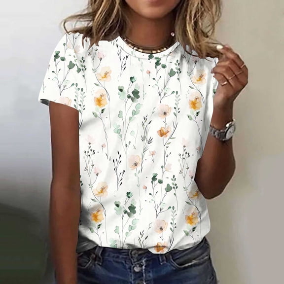 Jsaierl Tops for Women Short Sleeve Casual Elegant Shirts Round Neck Flowy Tunic Blouses Trendy Graphic T Shirts Top Plus Size S-5XL