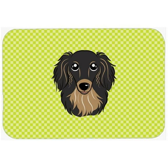 Checkerboard Lime Green Longhair Black And Tan Dachshund Mouse Pad, Hot Pad Or Trivet, 7.75 x 9.25 In.