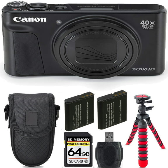Canon PowerShot SX740 HS Digital Camera (Black)   Extra Battery  Tripod   Case -64GB Kit (International Version)