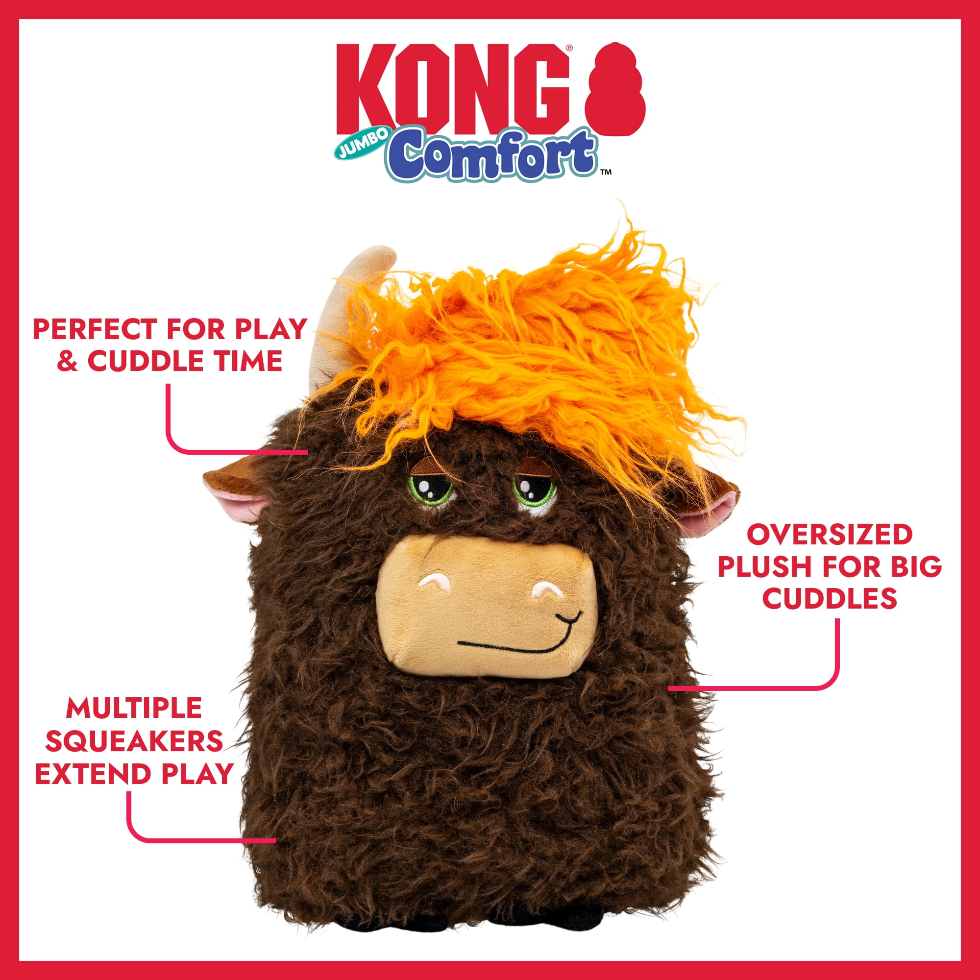 KONG® Comfort Squeaker Dog Toy, Highland Cow, Jumbo Extra Large
