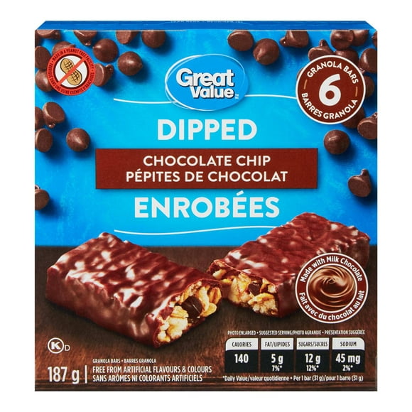 Great Value Dipped Chocolate Chip Granola Bars, 6 Bars, 187 g