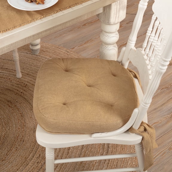 VHC Brands 14"x14" Chair Cushion for Small Dining Chairs with Ties, Natural Tan Burlap Ruffled, Primitive Farmhouse Indoor Kitchen Seat Cushion