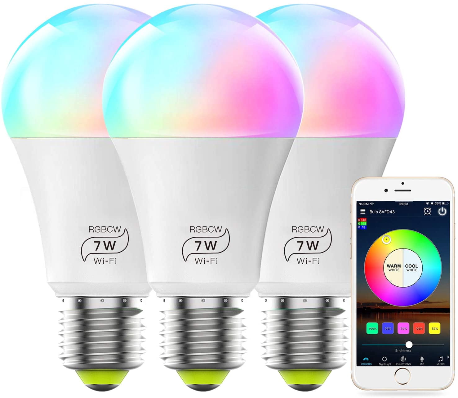 MagicLight Smart WiFi Light Bulb, No Hub Required, Dimmable Multicolor