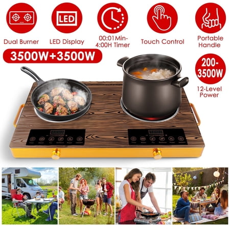 7000W Double Burner Electric Cooktop 110V, 2x3500W Rapid Heating Hot Plate with 4 Preset Modes (Steam/Fry/Barbecue/Power), 11-Level Power Control, Portable Handles & Easy-Clean Glass Surface, Fit All
